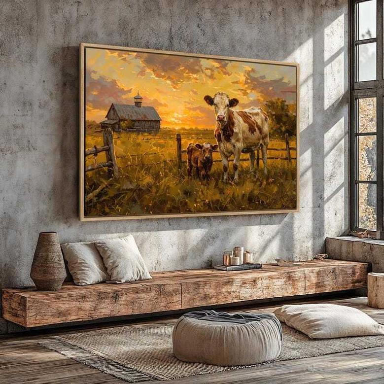 Rustic Farmhouse Canvas Art With Grazing Cow Design For Farmhouse DéCor In Living Room Or Kitchen