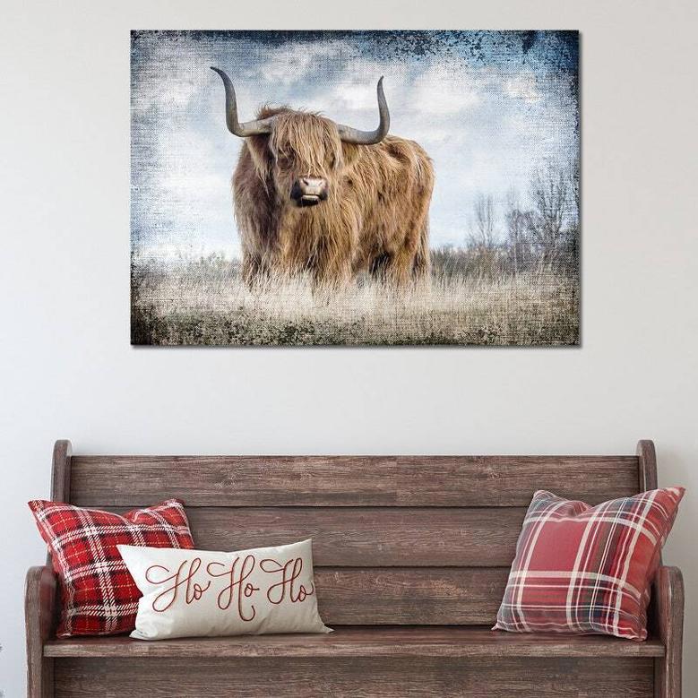 Personalized Rustic Farmhouse Highland Cow Canvas For Living Room – Cattle Ranch Decor Art, Farmhouse Animal Portrait