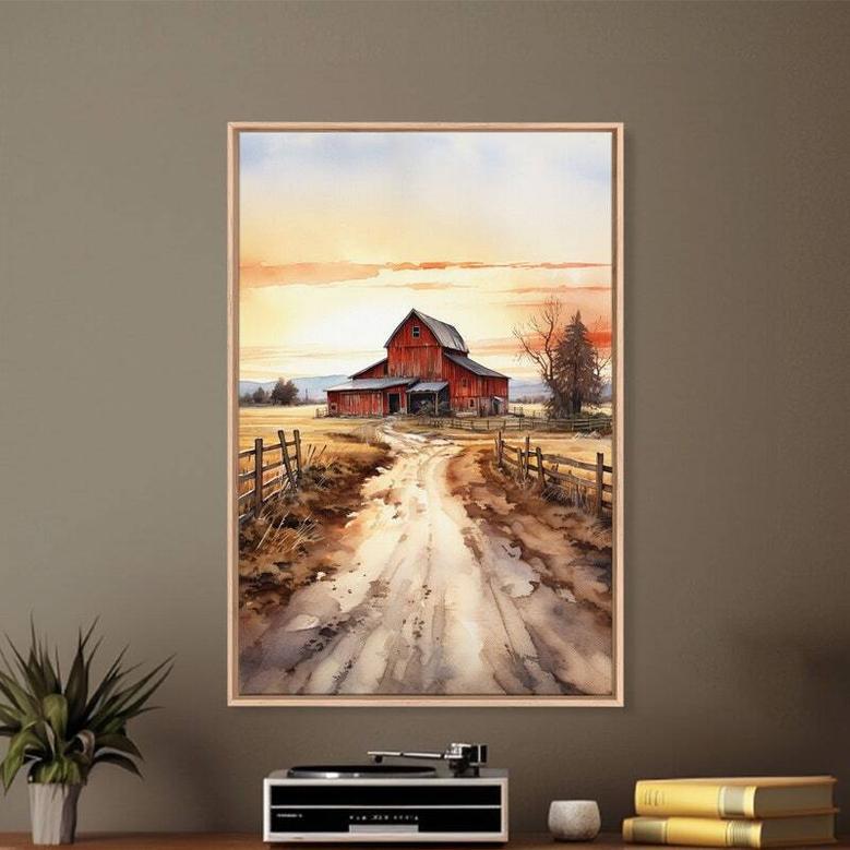 Touching Sunset Over Red Barn Canvas - Rustic Farmhouse Wall Art For Country Style Lovers