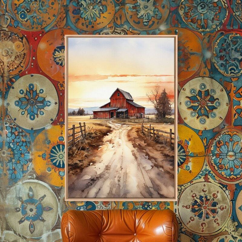 golden hour sunset over red barn canvas wall decor for farmhouse kitchen, warm rustic tones and rolling countryside charm