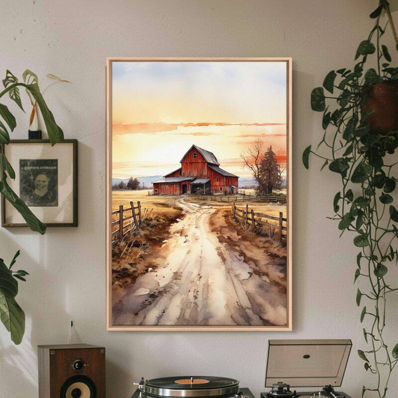 touching sunset over red barn canvas wall art for rustic farmhouse decor, warm golden sky and country field in landscape