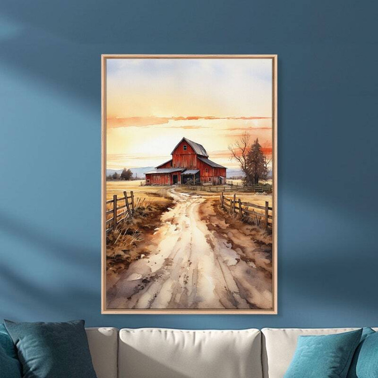 amber sunset over red barn canvas wall art, country farmhouse aesthetic for entryway decor, wide panoramic landscape