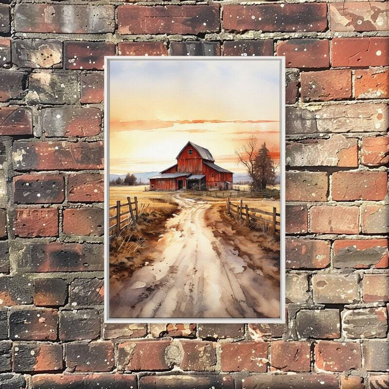 dramatic sunset over red barn canvas, rustic country wall art for bedroom decor, deep orange sky and serene pastoral scene