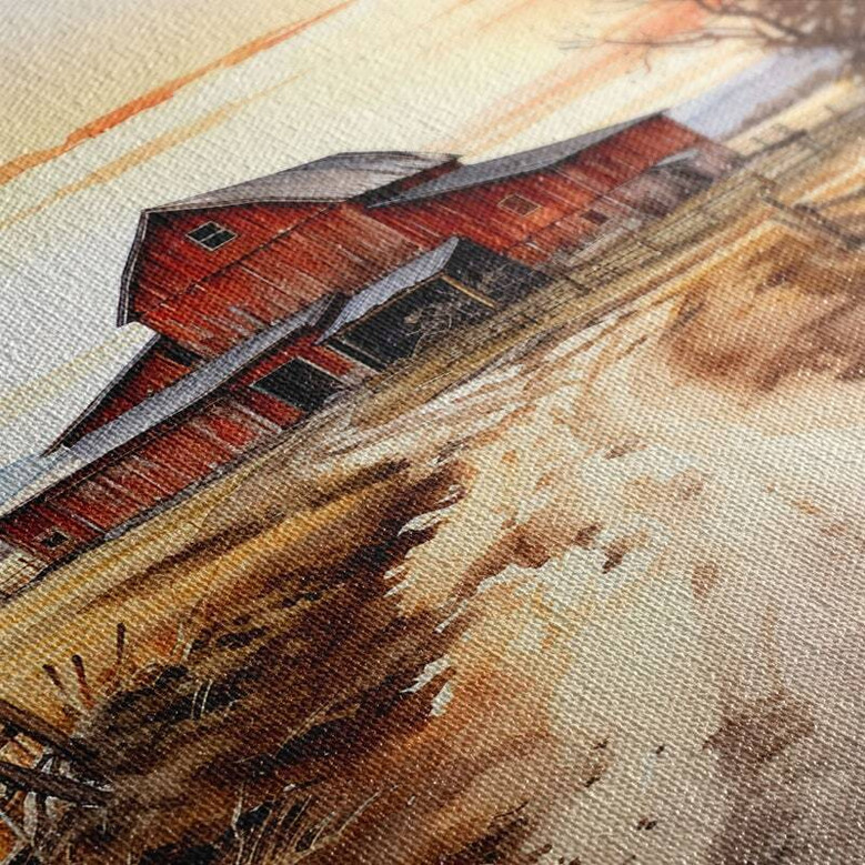 soft sunset over red barn canvas wall art, vintage farmhouse style for office decor, muted hues and tranquil rural view