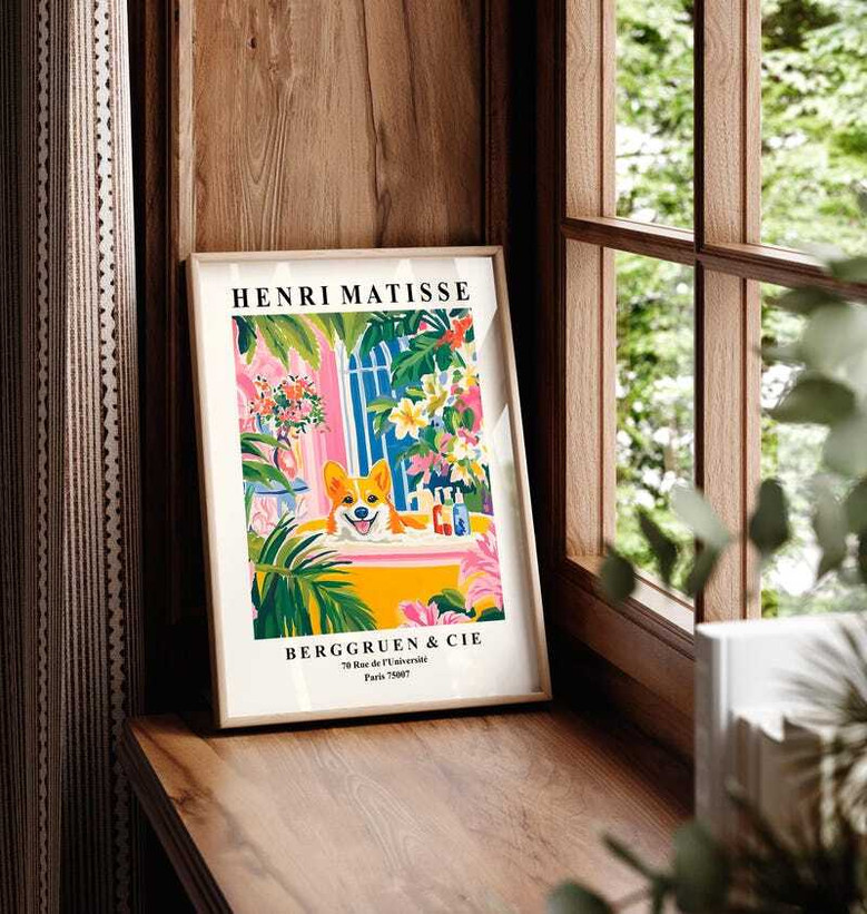 Funny corgi canvas for bathroom decor, tropical teal background, custom name, landscape, wood frame option for dog mom gifts