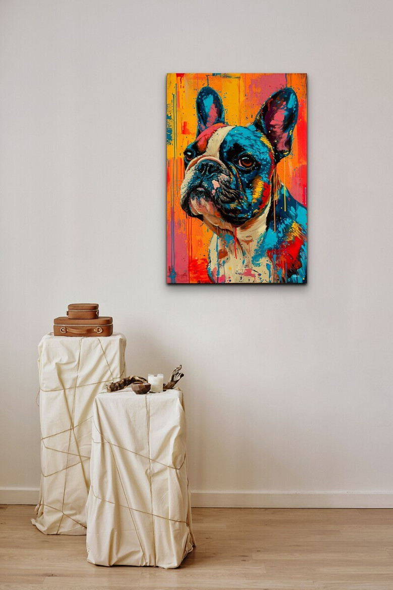 French Bulldog pop art canvas wall art on sunny yellow, full-body sitting pose, landscape orientation, gift for dog lovers
