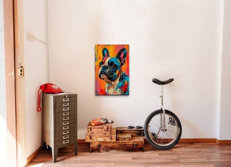 French Bulldog pop art canvas wall art, custom colorways, side profile on hot pink, landscape layout for living room decor