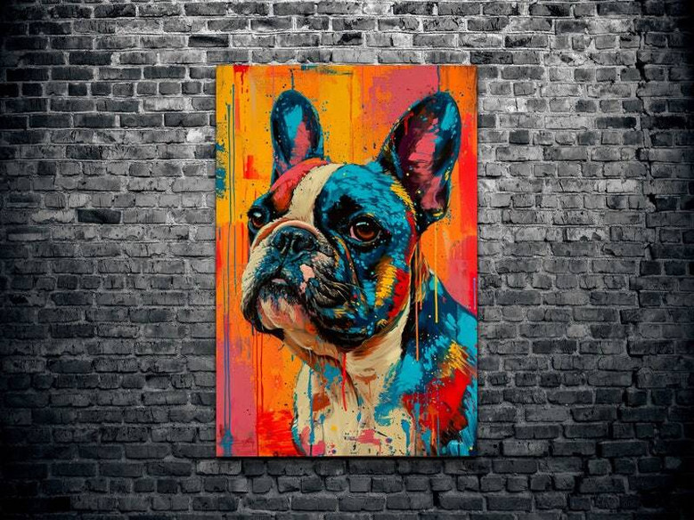 French Bulldog pop art canvas wall art, bold teal and coral duotone, framed look, birthday gift for Frenchie owners