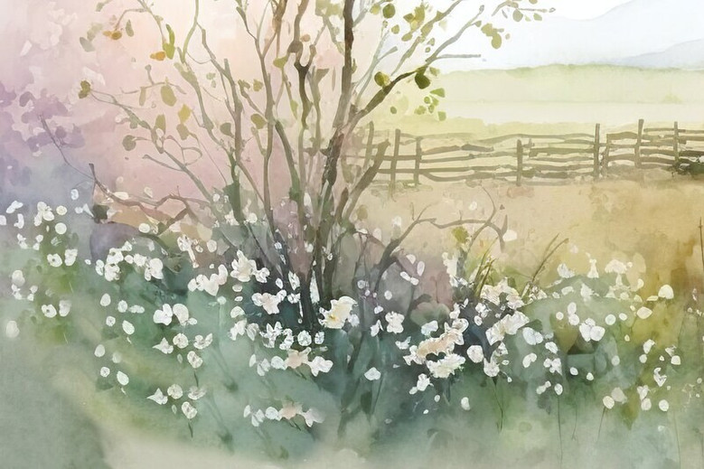 Rustic farmhouse canvas art, watercolor barn by wildflower field under blue sky, vintage country landscape for living room