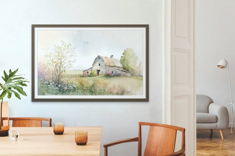 Rustic farmhouse canvas art of watercolor barn and meadow wildflowers, soft neutral palette, landscape format for living room