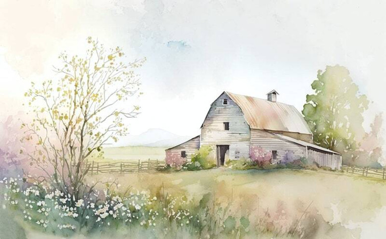 Rustic farmhouse canvas showcasing watercolor country barn and wildflowers, pastel sky, calming decor for living room