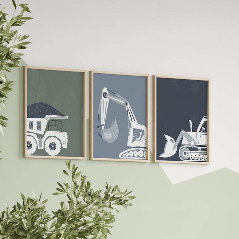 Construction Nursery Canvas For Baby Boy's Room - Dump Truck, Digger, Bulldozer Wall Art Decor