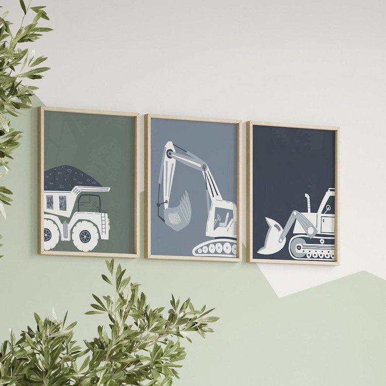 Construction nursery canvas wall art with an excavator digger, decor for a baby boy nursery and construction theme.