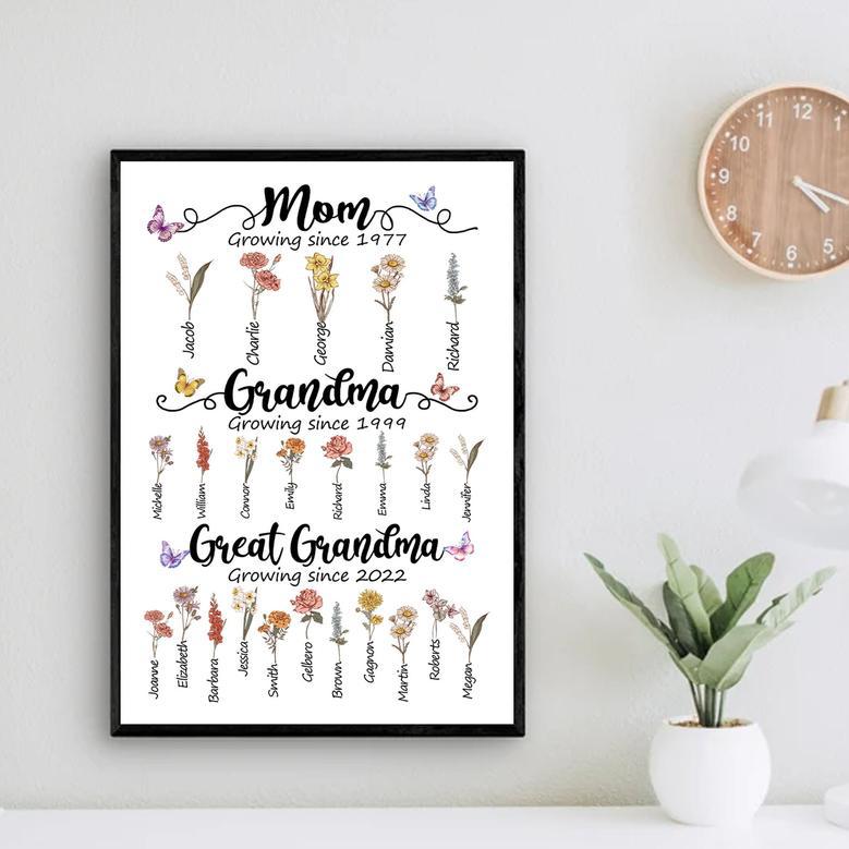 First Mom, Then Grandma – Custom Birth Month Flower Canvas Mother's day, Birthday, Anniversary Gift for Mom and Grandma