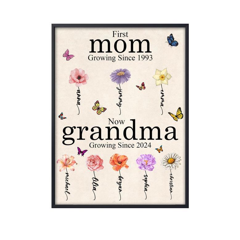 First Mom, Then Grandma – Custom Birth Month Flower Canvas Mother's day, Birthday, Anniversary Gift for Mom and Grandma