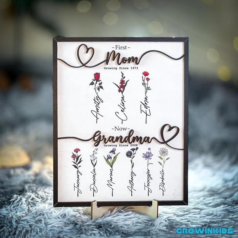 First Mom, Then Grandma Custom Flower Wooden Sign Gift for Grandma