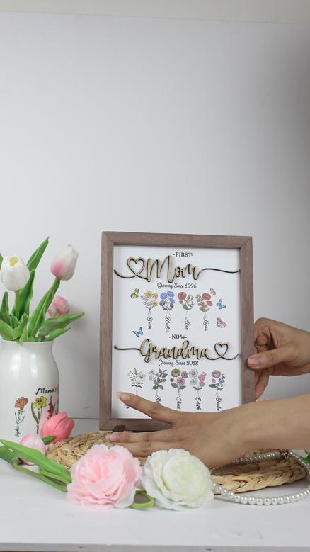 First Mom, Then Grandma Custom Flower Wooden Sign Gift for Grandma