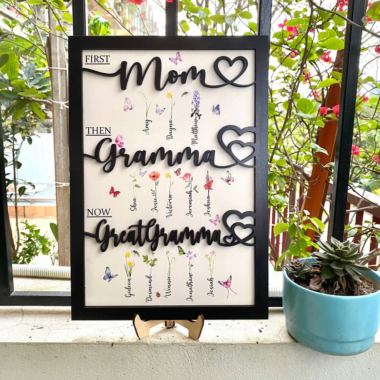 First Mom, Then Grandma Custom Flower Wooden Sign Gift for Grandma