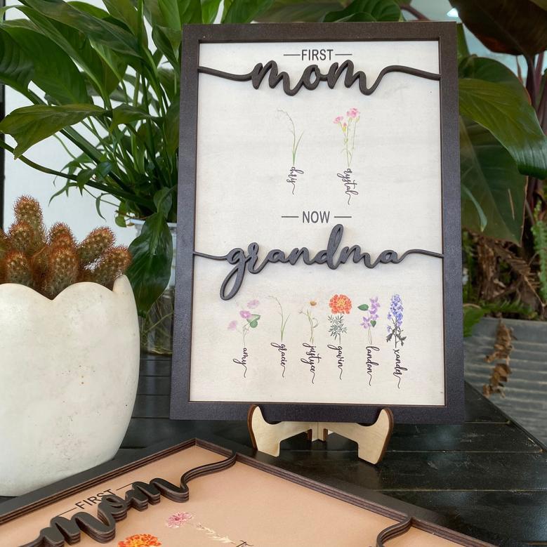 First Mom, Then Grandma Custom Flower Wooden Sign Gift for Grandma