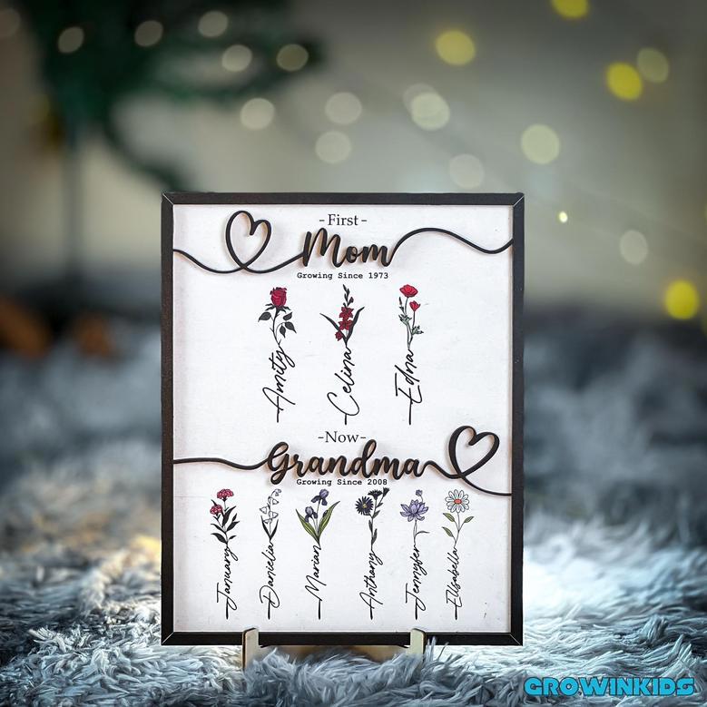 First Mom, Then Grandma Custom Flower Wooden Sign Gift for Grandma