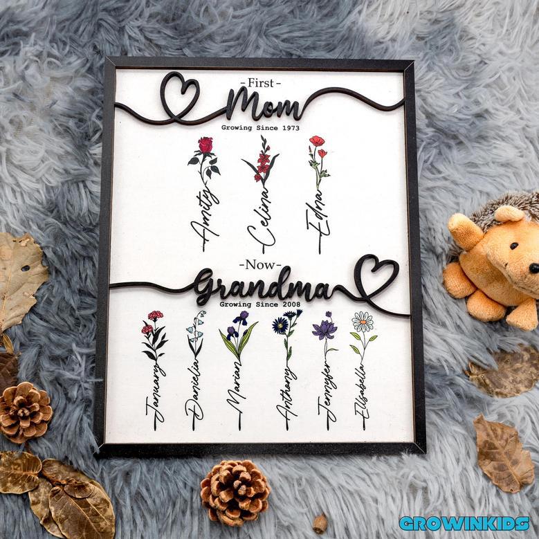 First Mom, Then Grandma Custom Flower Wooden Sign Gift for Grandma