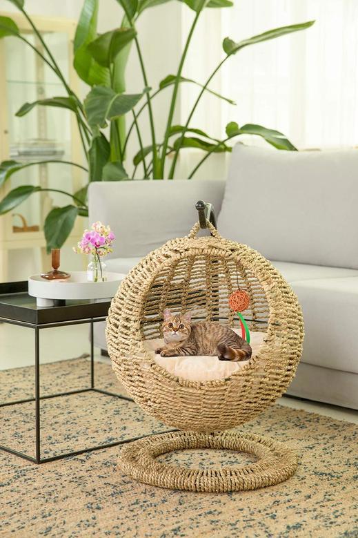 Petdom Hand Made Wicker Cat Bed Basket - Cozy Rattan Pet House