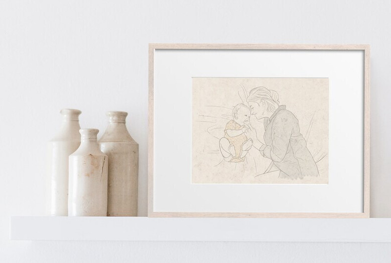 Mother and baby line art canvas, minimalist blush, custom names and date, living room decor for first Mother’s Day.