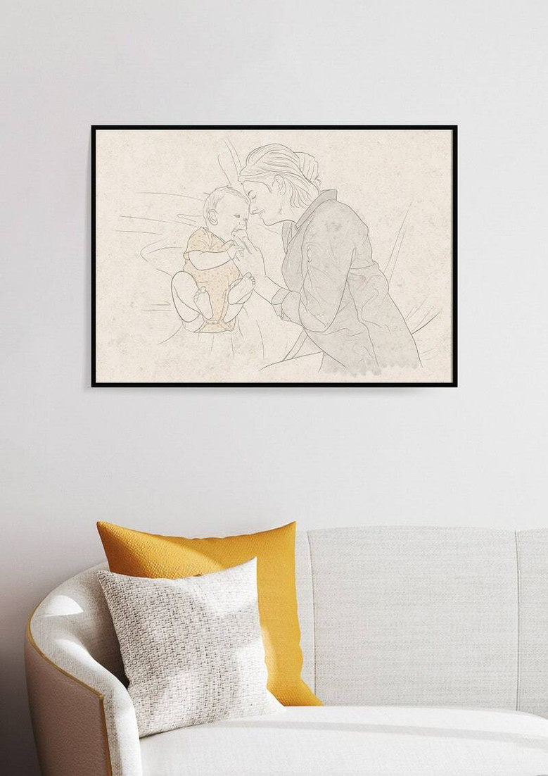 Mother and baby line art canvas, black and white landscape, custom names and date, from husband for her first Mother’s Day.