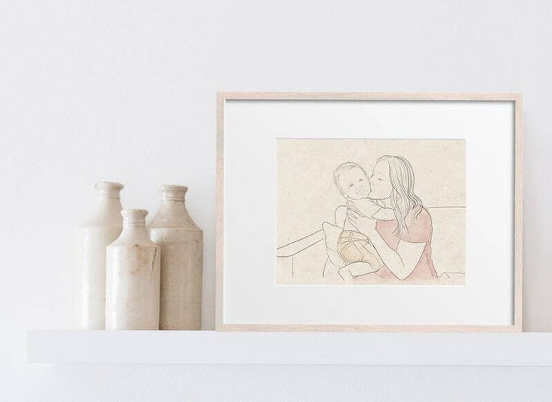Mother and baby line art canvas, boho beige with heart, personalized names and date, first Mother’s Day gift from husband.