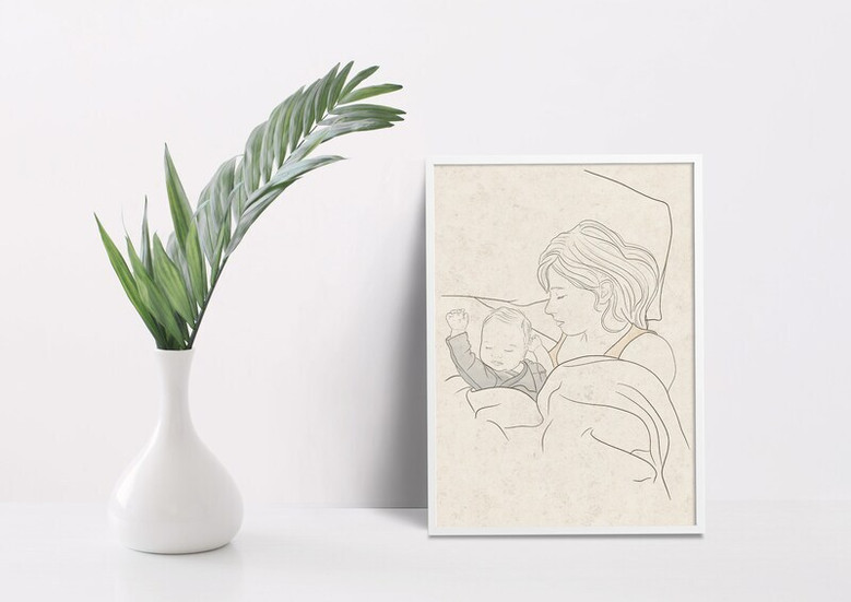 Mother and baby line art canvas, portrait in sage, custom baby name and date, gift for first-time Mother’s Day.