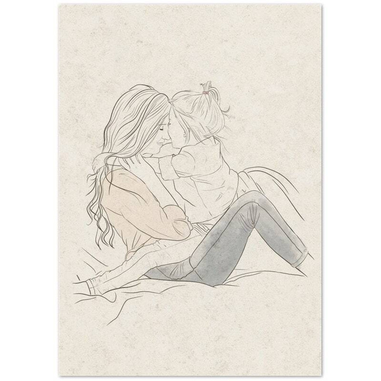 Mother and baby line art canvas, landscape in black frame, custom names and date, nursery decor for first Mother’s Day.