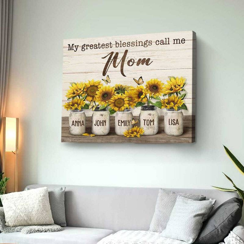 Sunflower canvas wall decor showcasing My Greatest Blessings Call Me Mom, custom children's names; meaningful gift for mom