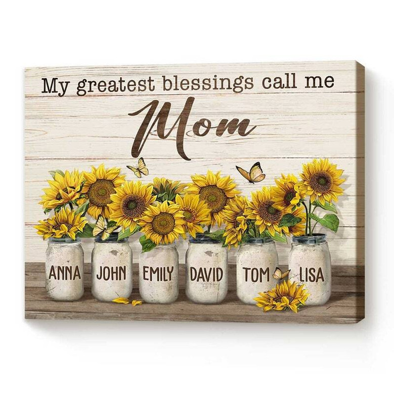 Sunflower canvas wall art, My Greatest Blessings Call Me Mom design, personalized with children's names for home decor