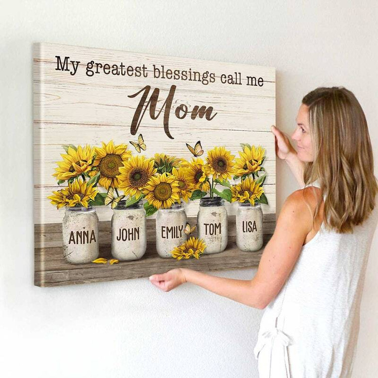 Sunflower canvas print with Mom quote My Greatest Blessings Call Me Mom, personalized with kids' names, Mother's Day