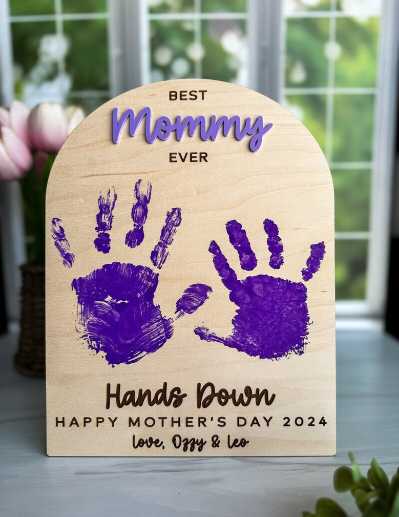 Emotional Customized Handprint Best Mom Ever Wood Sign, Perfect For Mother's Day