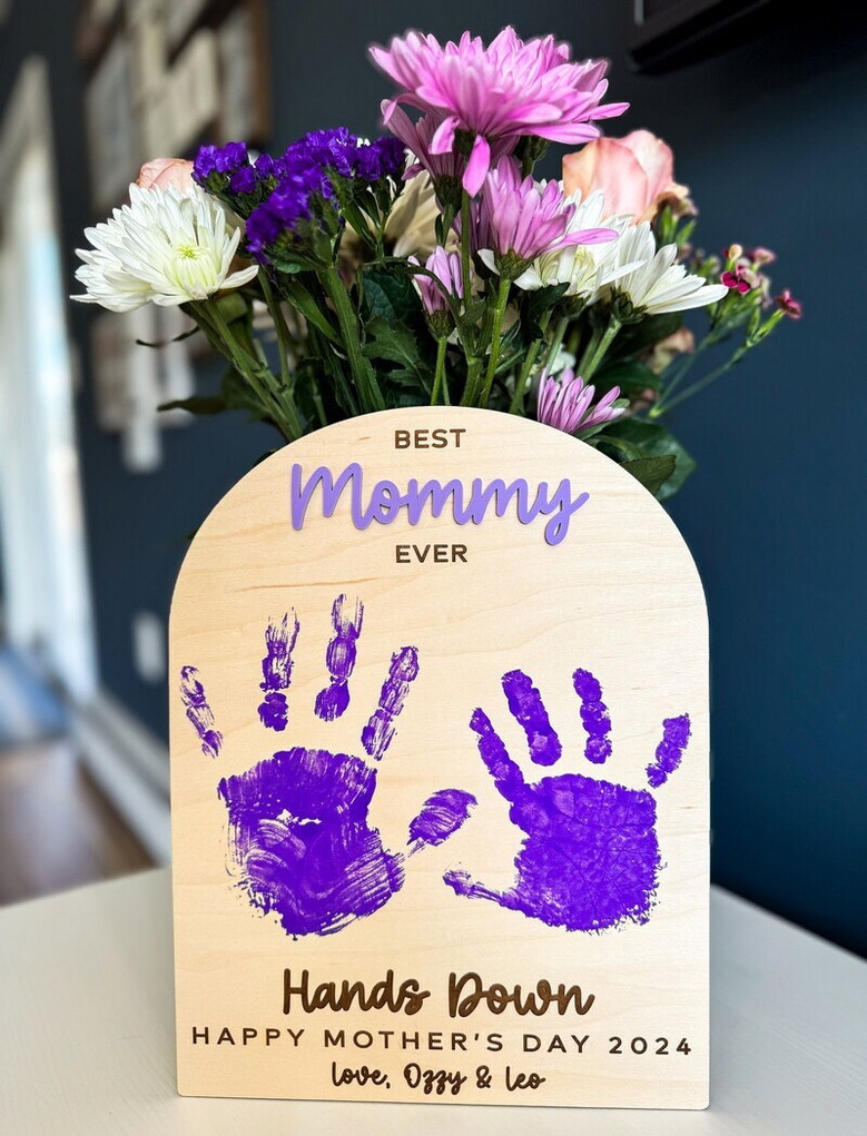 Emotional Customized Handprint Best Mom Ever Wood Sign, Perfect For Mother's Day