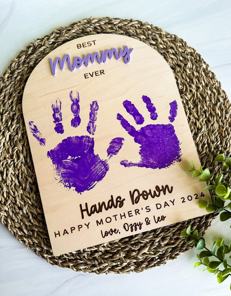 Emotional Customized Handprint Best Mom Ever Wood Sign, Perfect For Mother's Day