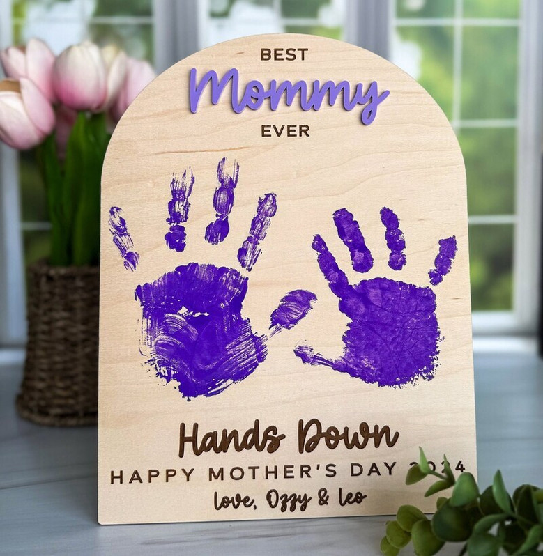 Emotional Customized Handprint Best Mom Ever Wood Sign, Perfect For Mother's Day