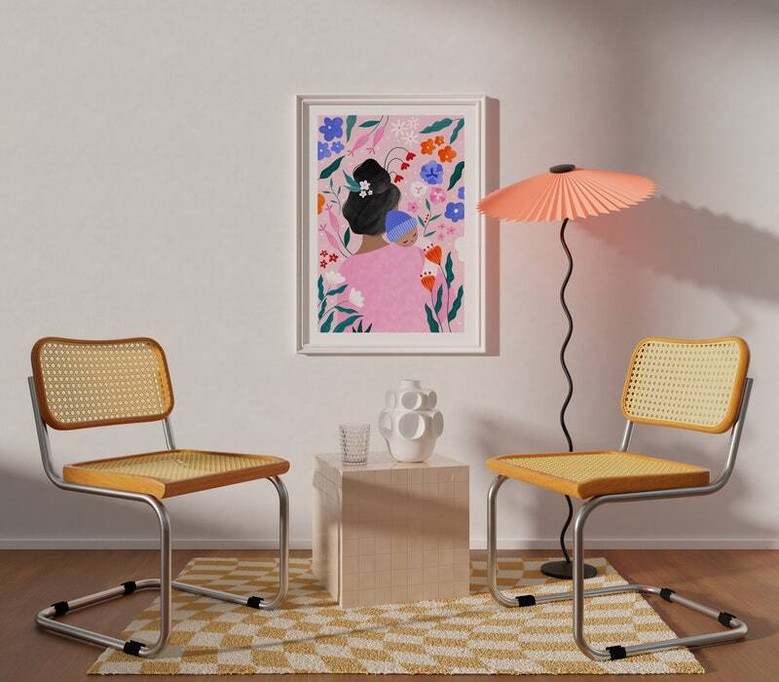 Mother and baby personalized canvas in minimalist line art with custom names and date, neutral nursery wall decor for new moms