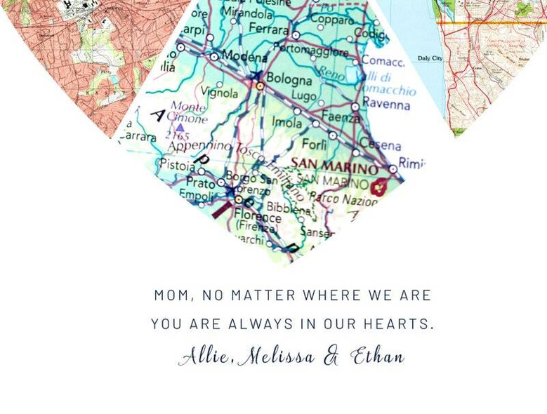 Long-distance gift canvas for mom for Mother's Day from daughter, two-heart map, rustic wood background, landscape style