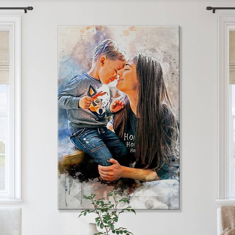 Mother and son custom watercolor portrait canvas, personalized from your photo, birthday gift from son, white background