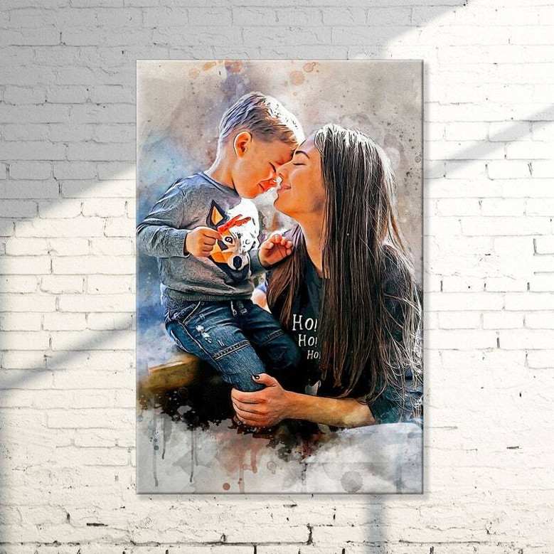 Mom and son watercolor portrait canvas wall art, custom from your photo, Mother's Day gift from son, warm neutral tones