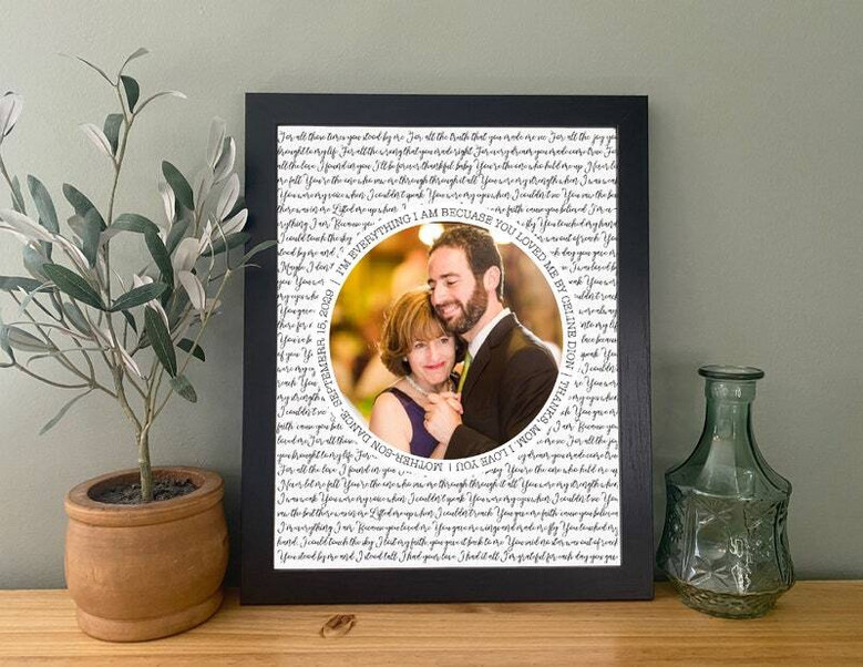 Mom and son dance wedding canvas, personalized with names and date in gold script, portrait orientation, living room decor
