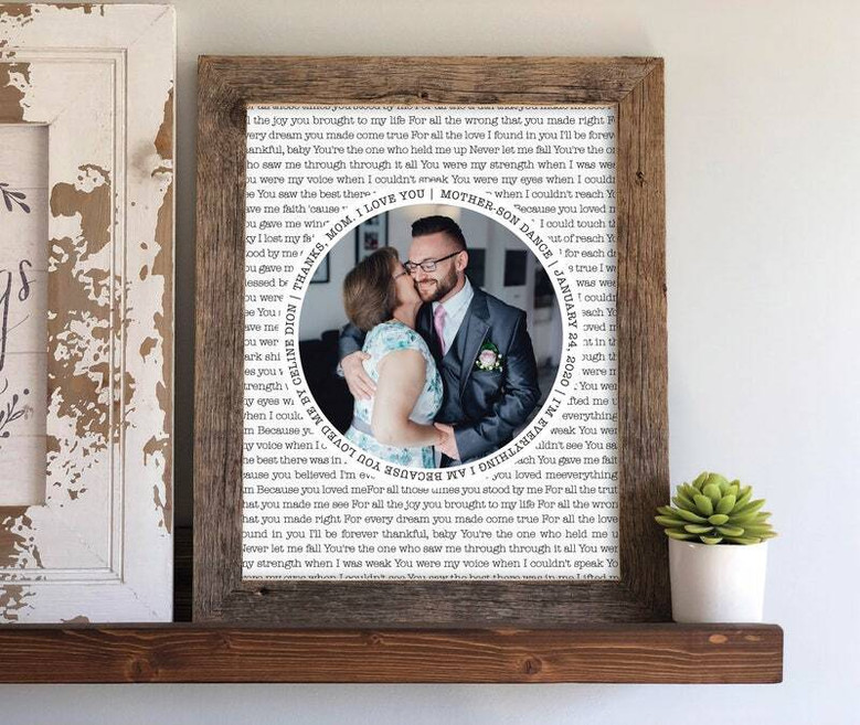 Mother and son dance wedding canvas wall art with custom names and date, rustic wood, landscape orientation, heartfelt gift