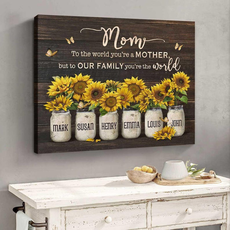 Mother's Day canvas wall art with loving "Mommy to the World" message, customized names make a meaningful present for mom