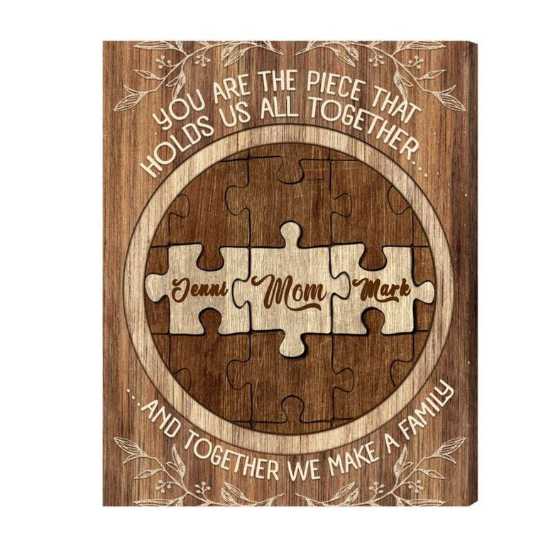 Mom puzzle canvas print with personalized kids' names, meaningful wall decor for Mother's Day or her birthday gift