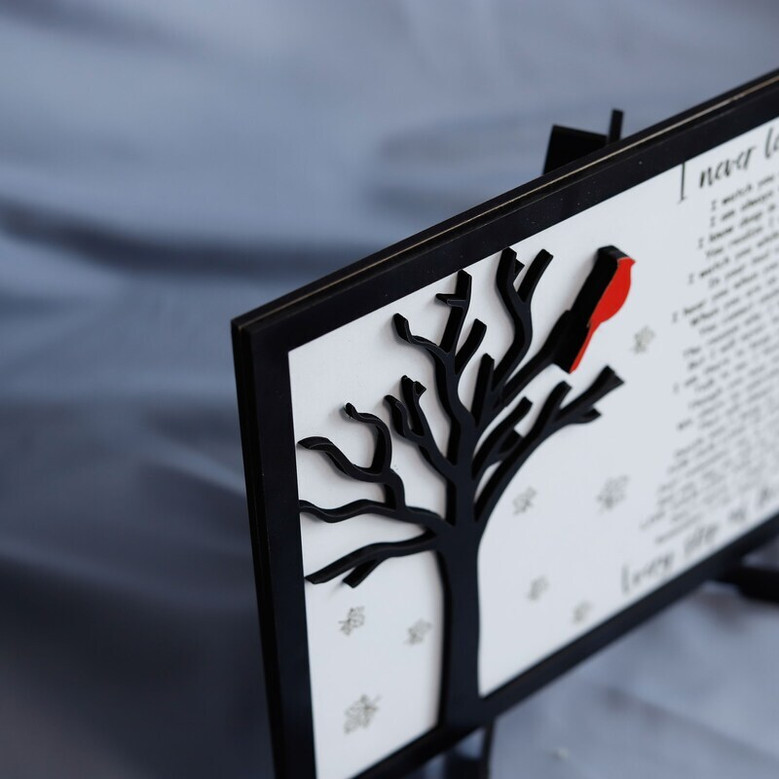 Cardinal wood sign remembrance for mom, personalized with names and dates, red cardinal on light wood, shelf sympathy gift