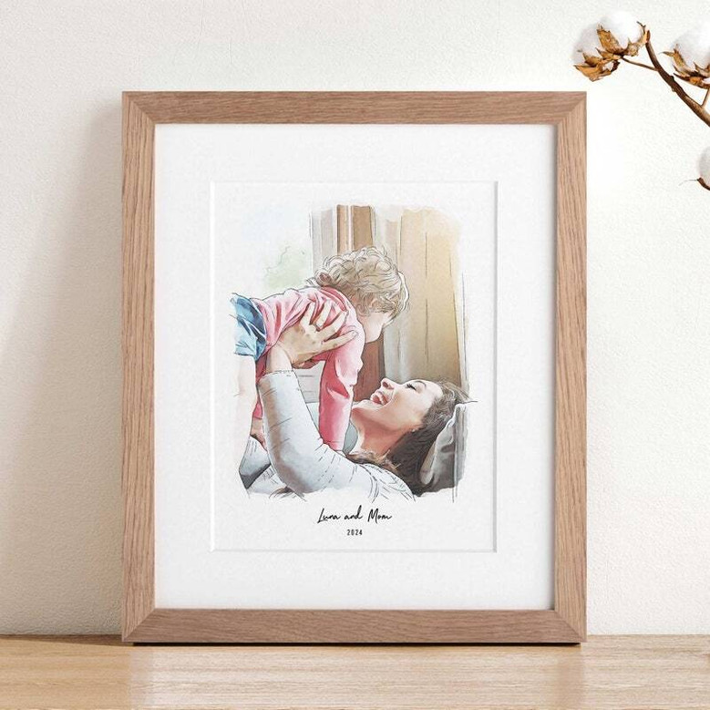 Mommy and me watercolor canvas, custom portrait with names and date, Mother's Day gift for mom and daughter, blush palette