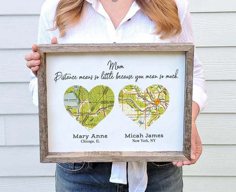 Personalized Long Distance Gift For Mom - Thoughtful Mother Day With Wood Heart Address Map Design