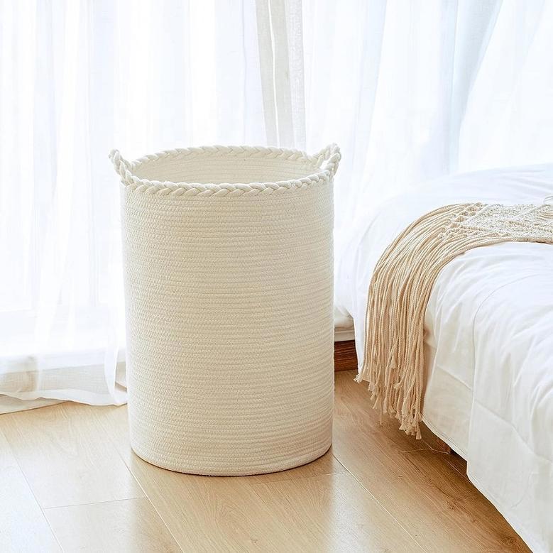 58L Large White Cotton Wicker Laundry Basket for Bathroom